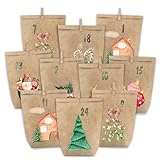 PANSIBY Adventskalender zum Befüllen, 24 Weihnachtskalender Papiertüten zum Selbstbefüllen, Geschenk Kraftpapiertüten Advents Tüten in Aquarell Selber Befüllen