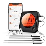 BFOUR 100m Grillthermometer Bluetooth, Fleischthermometer kabelloses mit 4 Edelstahlsonden, große LCD-Anzeige, Bluetooth Bratenthermometer für Grill, Smoker, Ofen, BBQ