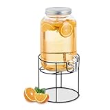 Relaxdays Getränkespender mit Ständer, Zapfhahn & Deckel, 3,3 Liter, Glas, Wasserspender, Limonadenspender, transparent