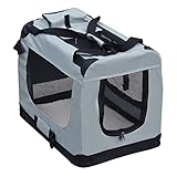 Fudajo Faltbare Transportbox für Hunde, Katzen L (70x52x50cm), robust, leicht, sicher, Hundebox mit Tragegriff und Decke, Grau