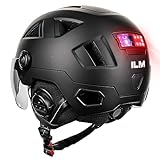 ILM Bluetooth Helm Fahrrad Herren Damen mit Licht-Fahrradhelm mit Visier LED Front-und-Hintergrundbeleuchtung Intelligente Bremsen-Warnfunktion,Bluetooth Mattschwarz,XXL