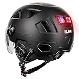 ILM Bluetooth Helm Fahrrad Herren Damen mit Licht-Fahrradhelm mit Visier LED Front-und-Hintergrundbeleuchtung Intelligente Bremsen-Warnfunktion,Bluetooth Mattschwarz,XXL