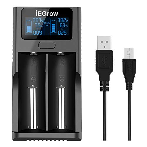 iEGrow 18650 Batterieladegerät, LCD-Akku-Ladegerät mit USB-Anschluss für 18650, 26650, 18500, 18350, 17670, 17500, 16340, 14500, 10440 3,7 V Li-Ion Akku, 2 Steckplätze