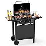 COSTWAY Gasgrill mit 3 Brenner, 7 kW Grillwagen mit Seitentischen, Grillrost, Thermometer, Deckel und Rädern, Gartengrill für Garten
