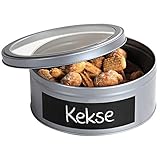 Kesper Aufbewahrungsdose mit Sichtfenster im Deckel, aus Weissblech hergestellt, Keksdose inkl. beschreibbarem Feld, Maße: 8,3 x 19,8 cm, 38235, Silber