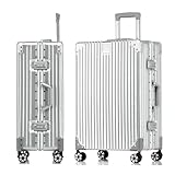 Aoliwei Hartschalen-Koffer Trolley Alu-Rahmen+PC Rollkoffer Reisekoffer Handgepäck Teleskopgriff, TSA, 4 Rollen (Silber, M)