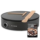 KLAMER Crepes Maker, Große Backfläche mit 33cm Ø, antihaftbeschichtete Platte, inkl. Teigverteiler und Wender aus Holz, Crepes Eisen für Crepes, Pancakes & Tortilla, 1500W