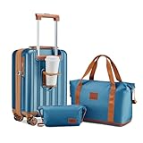 Joyway Koffer Trolley Reisekoffer Set, Hartschale Handgepäck Koffer mit Getränkehalter 4 Rollen TSA-Schloss Der Kofferset, Blau Braun