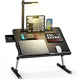 Laptoptisch Betttisch, SAIJI Bett Tisch mit LED Lampe, Höhen Winkel verstellbar, mit Buchständer, Schublade, Lap Stopper, Tablet Schlitz, Schlittenbeine