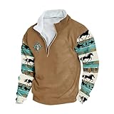 Pullover Herren 1/4 Zip Troyer Kragen Sweatshirt Herren mit Fleece Innenseite Pulli Vintage Druck Strickpullover Langarm Pullover Patchwork Sweatshirts Weicher Wram Sweaters für Herbst Winter