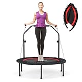 COSTWAY φ101cm Fitmess Trampolin, Mini Trampolin mit höhenverstellbarm Haltegriff & 2 Widerstandsbändern, Kindertrampolin faltbar, Gartentrampolin bis 150kg belastbar für Erwachsene & Kinder (Rot)
