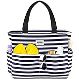 HOMESPON Groß Strandtasche Damen Familie mit Reißverschluss Wasserdicht Faltbar Badetasche Tote Bag,Blau/Weiß gestreift
