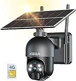 Xega 3G/4G LTE Überwachungskamera Aussen mit SIM Karte Kabellos Solar PTZ IP Kamera Outdoor mit 2K Farb-Nachtsicht 355°/95° Schwenkbar SD-Kartenslot PIR Erkennung 2-Wege-Audio IP66 Wasserdicht