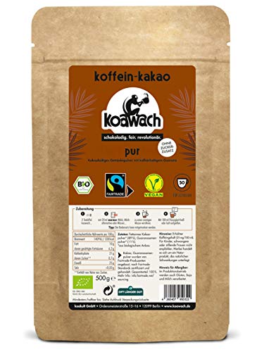 Koawach Pur Kakaopulver Trinkschokolade – Koffein Kakao Zuckerfrei Guarana Vegan heiße Schokolade Getränk ohne Zucker Energy Drink Backkakao Bio Fairtrade (500g)