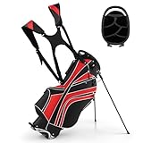 COSTWAY Golfbag mit Ständer und Regenschirmhalter, 7 Standbag inkl. Kühltasche und Schultergurt (Rot)