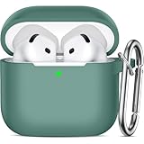 Ouwegaga Hülle Kompatibel mit Apple AirPods 4 Hülle 2024 - Weiches Silikon Schutzhülle für AirPods 4 Case, Stoßfeste Hülle für AirPods 4 Generation, Front-LED Sichtbar, Mit Karabiner, Kieferngrün