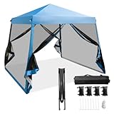 HOMASIS Höhenverstellbarer Pop up Pavillon 3 x 3 m, Gartenpavillon mit abnehmbaren Moskitonetzen & 4 Sandsäcken, Faltpavillon mit Tragetasche auf Rollen, UPF 50+, Partyzelt für Garten Terrasse (Blau)