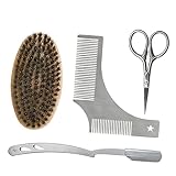 OFFIGAM 4Er Set Schnurrbartschere Bausatz Bartbürste und Kamm Körperpflege Rasieren Bart-Kit Männer Kämme bartkamm bartbürste Bartpflege-Set Bartschneider