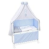 Baby Delux Beistellbett Babybett Stubenwagen weiß 90x40 mobil mit Rädern inkl. Matratze Bettwäsche Set (Magic Stars Blau)