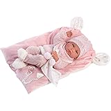 Llorens 73860 Puppe Nica, mit blauen Augen und Vinyl-Körper, Babypuppe inkl. rosa Outfit, Schmusedecke, Schnuller, Schnullerkette und weichem Kissen, 40cm