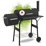 DELUKE® Smoker Grill Holzkohle BERND - mit Thermometer & Ablage | BBQ Grillwagen rund Holzkohlegrill Barbecue Grill aus Stahl Gartengrill