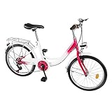 Desnysmf 20 Zoll 6-Gang Fahrrad mit Korb und Scheinwerfer, Autoglocke, Fahrrad mit Verstellbare Sitz- und Griffhöhe, Abenteuer und Tägliches Pendeln Bike, für Outdoor-Aktivitäten, Rosa + Weiß