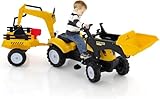 DREAMADE Trettraktor, Kindertraktor mit Anhänger & Schaufel & Frontlader, Kinderbagger Sitzbagger mit Hupe & Rechen, Tretfahrzeug für Kinder ab 3 Jahren (Gelb)