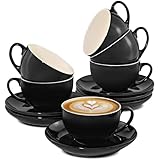 Cosumy 6er Cappuccino Tassen Set mit Untertassen - Keramik Schwarz - Spülmaschinenfest - Hält Lange warm - 180ml