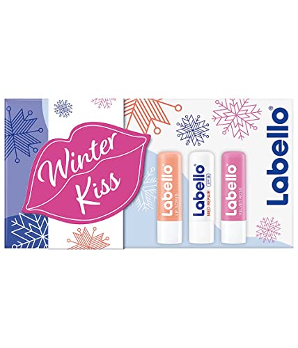 Labello Winter Kiss Geschenkset, Pflegeset für den Winter mit LSF, feuchtigkeitsspendendes Lippenpflege Set mit Peeling, Labello und mehr