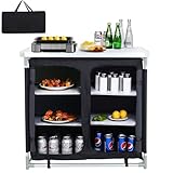Warmiehomy Campingküche Schrank Faltbar, Tragbarer Campingschrank mit Aluminiumgestell & 1 Doppeltes Abteil, Mobile Outdoor Camping Küchentisch für Picknick, Reisen, Strand, Schwarz, 100×50×80 cm