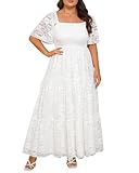 Brautkleid in Übergröße, Boho-Stil, Spitze, formell, quadratischer Ausschnitt, Rüschenärmel, langes Kleid für kurvige Frauen, Weiss/opulenter Garten, 52 Mehr