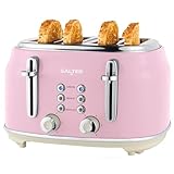 SALTER Retro Toaster 4 Scheiben – Breite Schlitze, 6 Bräunungsgrad, Auftauen, Aufwärmen, Abbrechen Funktionen, Herausnehmbare Krümelschublade, Selbstzentrierung, 1630 W, Pink