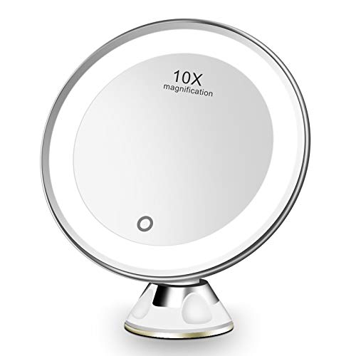 FASCINATE Kosmetikspiegel LED Beleuchtung mit 10fach Vergrößerungsspiegel, Dimmbar Schminkspiegel mit Starke Saugnapf, 360° Schwenkbar Rasierspiegel Wandspiegel mit Touchscreen (Weiß)