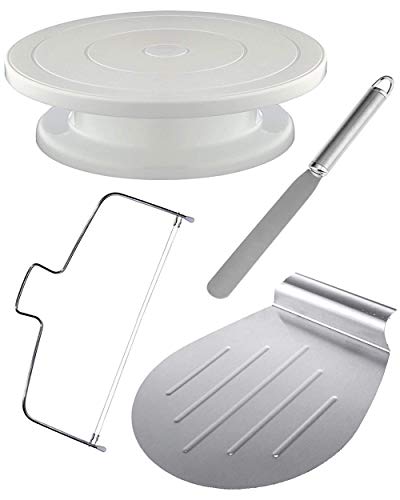 4Tlg Tortenplatte Drehbar Set inkl. Tortenheber, Streichpalette und Tortenschneider | Edelstahl - Spülmaschinenfest