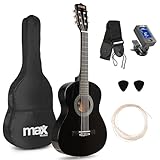 MAX SoloArt - Gitarre 3/4 Kindergitarre ab 6 jahre, Junior Akustik Gitarre inkl. Tasche, Plektrum, Gurt und Saiten-Zubehör, 3/4 Gitarre Kinder ab 6 Jahren, Guitar in Schwarz