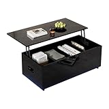 Hydraulisch hebbarer schwarzer Hochglanz-Couchtisch/Beistelltisch 100x50x35 cm | LED-Beleuchtung (16 Farben, Fernbedienung/APP) | Versteckter Stauraum (4 Fächer) | 40 kg Tragkraft