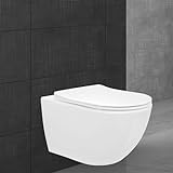 ECD Germany Hochwertiges Spülrandloses Hänge WC kurz Weiß, Toilette aus Keramik mit Antibakterieller Oberfläche, Abnehmbarer WC Sitz aus Duroplast mit Absenkautomatik Softclose, Tiefspül-WC Wand-WC