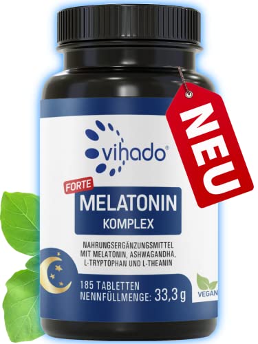 Vihado Melatonin Tabletten hochdosiert - 370 Nächte FORTE Komplex vegan - Rein ohne Zusätze - Plus L-Theanin, L-Tryptophan, Ashwagandha, 185 Tabletten