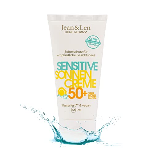 Jean & Len Sensitiv Sonnencreme 50+ LSF wasserfest, Sofortschutz für empfindliche Haut, Sonnenschutz ohne Silikone, Nanopartikel, Octocrylen, Mikroplastik, Duft- & Farbstoffe, vegan, Reisegröße 50 ml