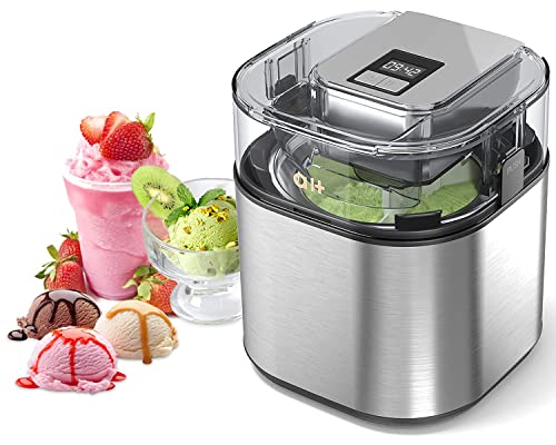 Eismaschine Automatische einfache hausgemachte elektrische Frozen Yogurt, Sorbet, Eismaschine 1,5 l Kapazität mit LCD-Digitalanzeige, Gesunde hausgemachte DIY-Lebensmittel, Silber