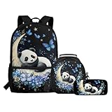 COEQINE Niedlicher Panda-Rucksack für Mädchen, Vorschulrucksack, Kawai-Mond-Panda-Druck, Schultaschen-Set mit Lunchbox, Stifteetui, für kleine Mädchen, Schulranzen, 3-teilig, Niedlicher Panda, Monn