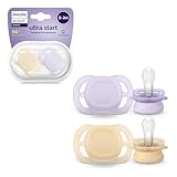 AVENT Ultra Start Schnuller, kiefergerecht geformter Schnuller für Neugeborene, BPA-frei, mit Sterilisations-,Transportbehälter, Doppelpack, Lila,Orange, Modell SCF075/01