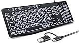 OMOTON Beleuchtete Tastatur Kabel PC Tastatur, QWERTZ Weiß Beleuchtet mit großem Druck, 2 in 1 USB A/C- Für Senioren, Kinder, Sehbehinderte für Windows mit Multimedia-Tasten(Schwarz)