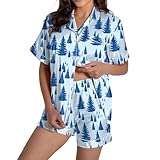 Damen-Schlafanzug-Shorts-Set, Baumwolle, langärmelig, Loungewear-Set, langärmelig, Trainingsanzug-Set, UK-Trainingsanzug, Hauskleidung, Nachtwäsche, Pyjama, Pyjama, blau, M