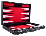Engelhart - 250507 - Luxus Backgammon - Rot - 38 cm - 15 Zoll - Kunstleder - Filzeinlage - Perlmutt-Würfel und Spielsteine + 2 Becher - Strategie - Backgammon-Spiel