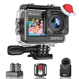 Surfola Action Cam 4K 60FPS Unterwasserkamera, WiFi, 40M wasserdichte Kamera, 170° Einstellbarer Weitwinkel, EIS Helmkamera, Dual-Screen-Camcorder mit kabellosem Mikrofon und 2 Batterien