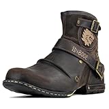 OSSTONE Herren Leder chukkastiefel Worker Biker Boots-Motorrad-Leder-Schuhe für reißverschluss Schnürstiefeletten Boots 5008-1-D Dunkel Braun 10