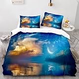 Ozean-Bettbezug-Set Blaue Meereswellen und Mond Bettwäsche 135x200 Für Kinder Jungen Mädchen Teenager Dekorativer Meeres-/Strand-Bettbezug für Alle Jahreszeiten Steppdeckenbezug mit Kissenbezug