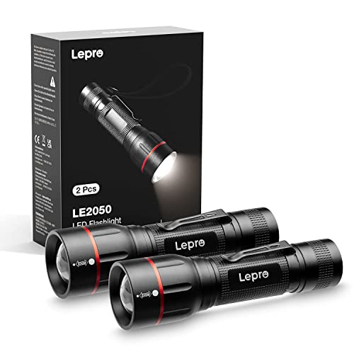 Lepro LED Taschenlampe, LE2050 Extrem Hell LED Taschenlampen mit Clip, Zoombare Camping Handlampe mit 5 Modi, Wasserdichte Flashlight für Camping, Outdoor, Wandern, Angeln, Geschenk, 2 Stück