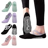 Yoga Socken, 4 Paar Yoga Socken Damen, Antirutsch Socken Grip-Socken mit Riemen Pilates socken Stoppersocken für Ballett Pilates Tanz Workout mit Kissen